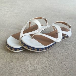 Blue white and tan sandals